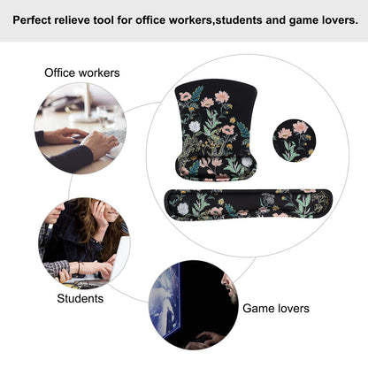MOSISO Wrist Rest Support for Mouse Pad&Keyboard Set, Wild Flowers Ergonomic Mousepad&Coaster Non-Slip Base Home/Office Pain Relief&Easy Typing Cushion with Neoprene Cloth&Raised Memory Foam, Black