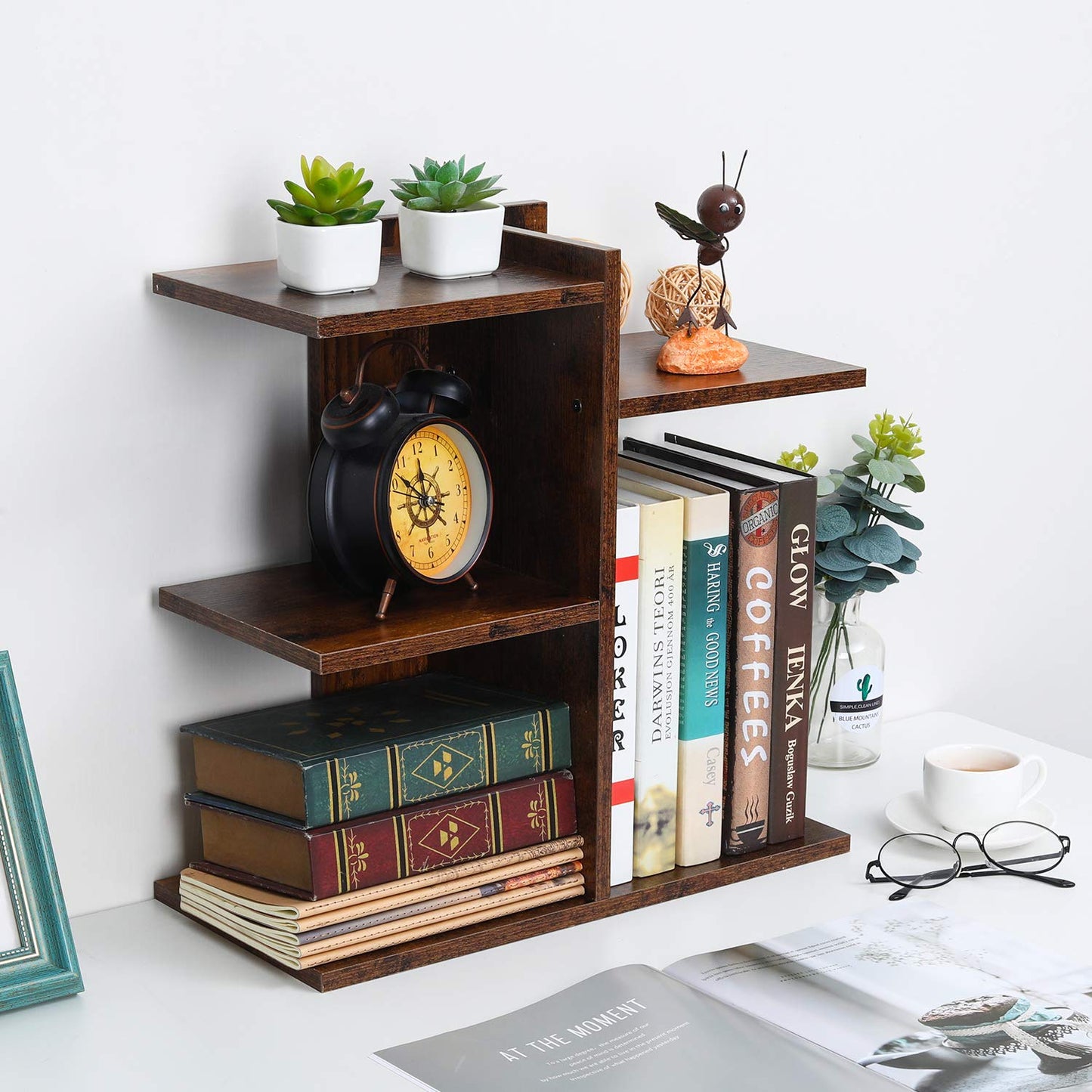 PAG Wood Desktop Shelf Small Bookshelf Desk Supplies Organizers and Accessories Storage Display Rack Office Decor for Women, Antique Brown