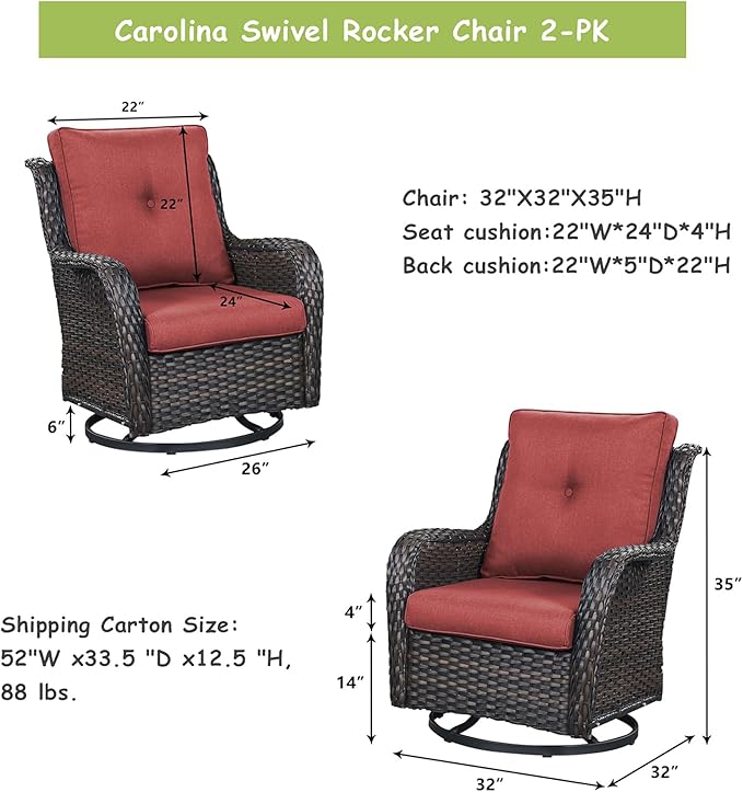 Rilyson Patio Chairs Rocking Swivel Chiar - 2 Piece Outdoor Wicker Furniture Chairs Set Rattan Rocker Chairs with High Back and Deep Seating for Outside Porch Deck Garden(Brown/Red)