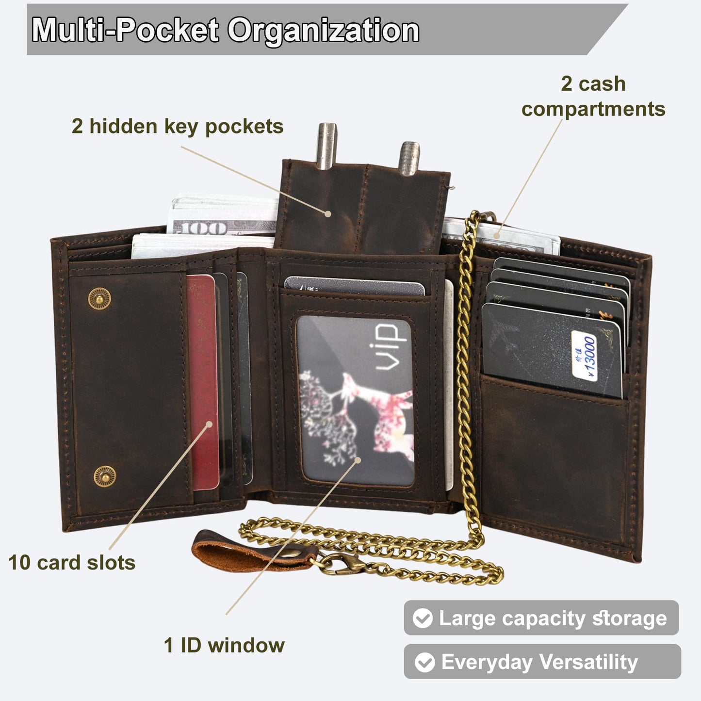 Yevabo Men's Full Grain Leather Trifold Wallet with Chain - Vintage Full Grain Leather Short Purse for Men with Multi-Card Slots, ID Window, Key Holder, Dark Brown