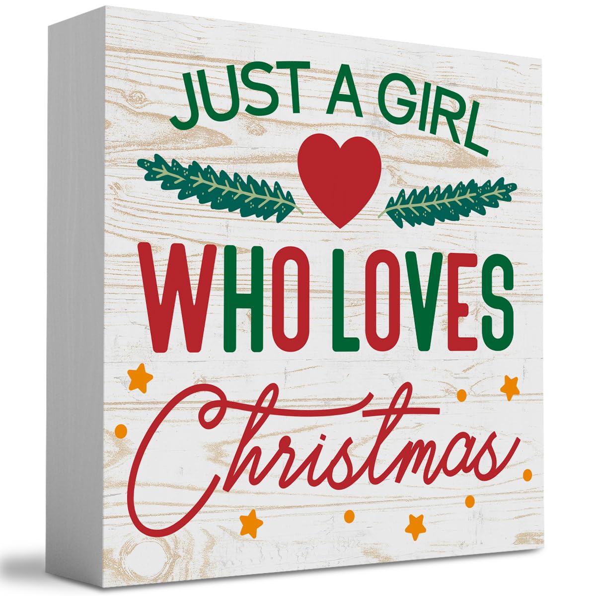 Rustic Just A Girl Who Loves Christmas Tree Wood Box Sign, Farmhouse Christmas Santa Artwork Decor, Wood Square Sign Desk Block Signs Home Shelf Office Decoration 5 x 5 Inches