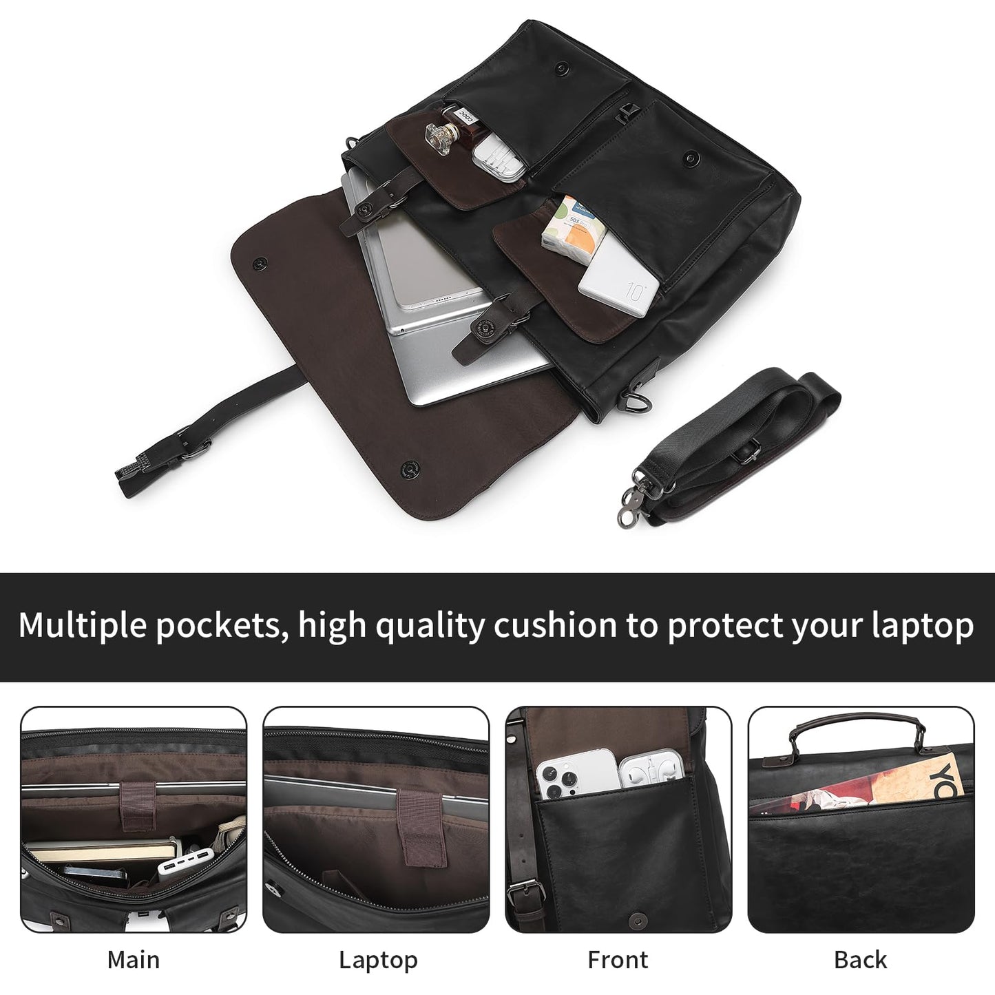 Leather Messenger Bag for Men,15.6 Inch Vintage Mens Laptop Bag Water Resistant Business Travel Briefcase Satchel Work Computer Bag Black