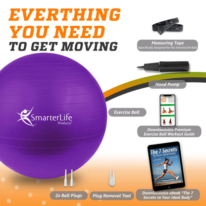 SmarterLife Exercise Ball Yoga Ball for Fitness, Balance, Stability, or Pregnancy, Gym Ball for Core Workout, Physical Therapy, Yoga Ball Chair for Office, Anti-Slip Anti-Burst