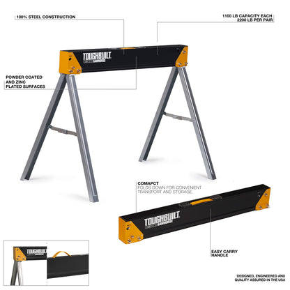 ToughBuilt - Folding Sawhorse/Jobsite Table - Sturdy, Durable, Lightweight, Heavy-Duty, 100% High Grade Steel, 1300lb Capacity, Pivoting Feet, Adjustable Height Legs - (TB-C650) 1-Pack
