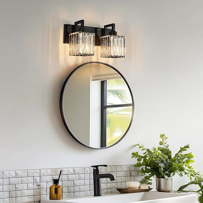 Modern Bathroom Vanity Light 2-Lights Plating Black Vanity Light Crystal Wall Light Bathroom Light Fixtures