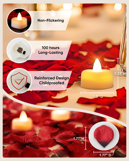Amagic 2000 Pieces Artificial Rose Petals with 24 Heart LED Tea Lights Candles Kit, Rose Petals and Candles Set for Proposal, Anniversary, Special Romantic Night, Wedding Table Decor, Birthday