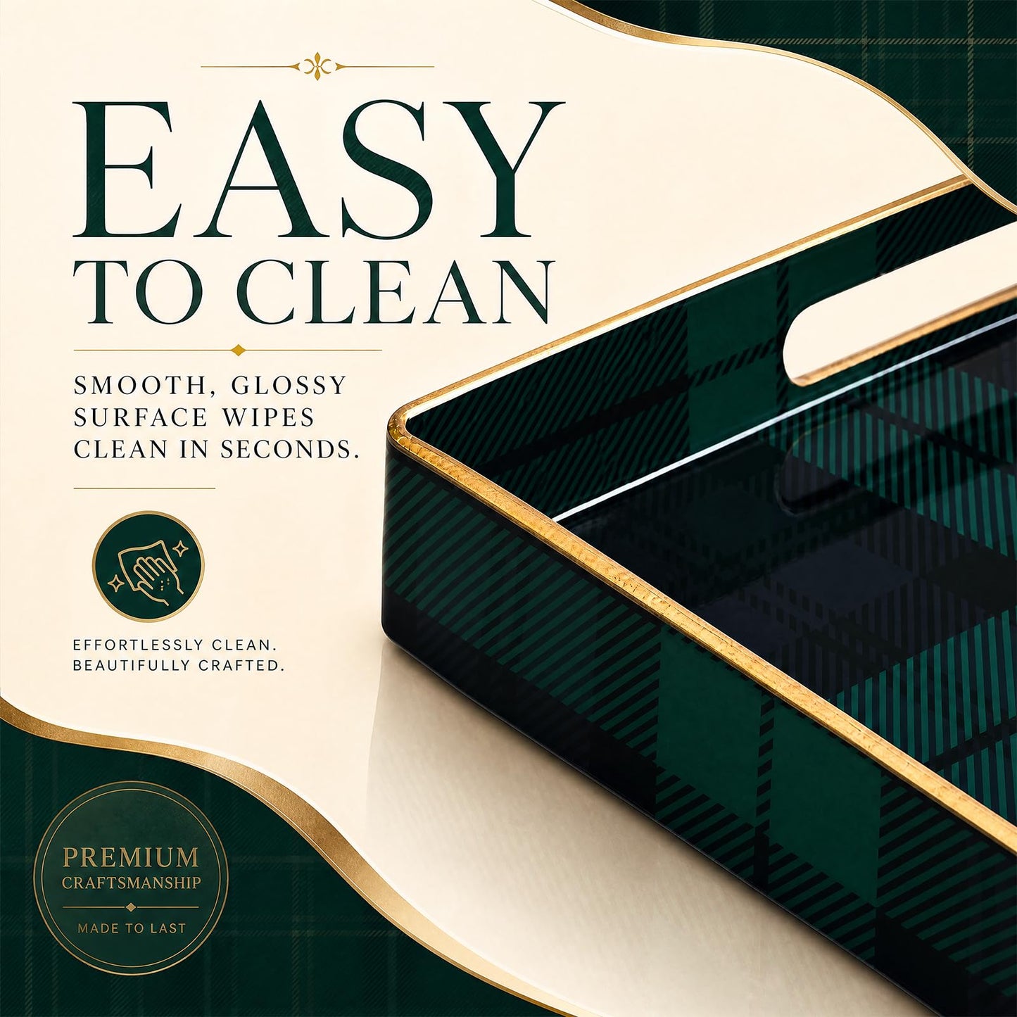 Nuanchu Tartan Tray Decorative Square Serving Tray with Handles for Coffee Table 13" x 13" Green Plastic Retro Decoration for Bar Living Room Bathroom Home Christmas