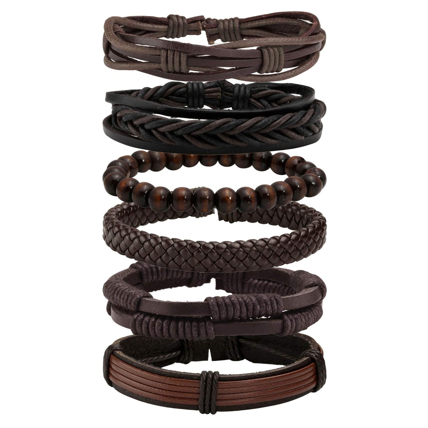 MILAKOO 6 Pcs Brown Braided Leather Bracelets for Men Women Cuff Wrap Wristbands
