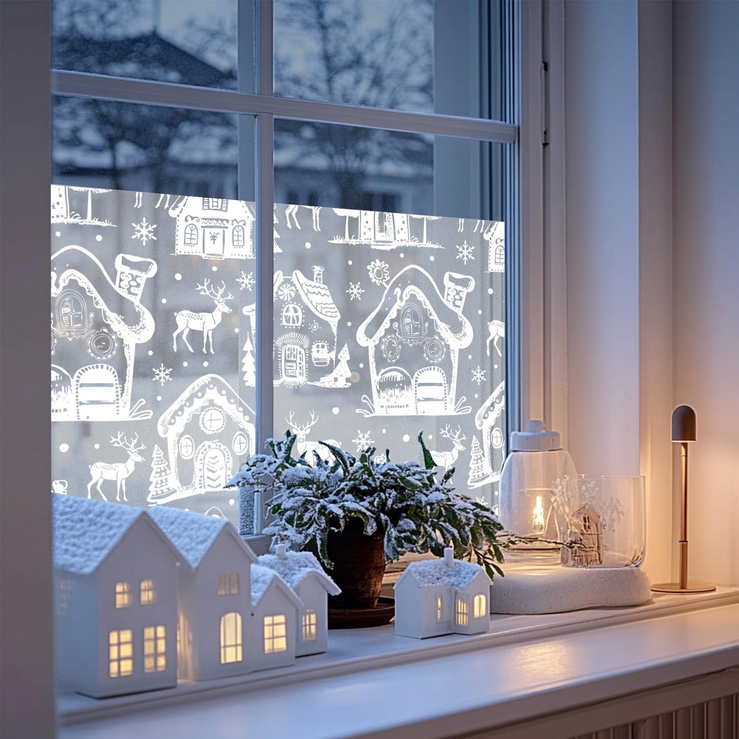Window Privacy Film Holiday Art Christmas Static Clings Decorative Pure White Christmas House Elk Snowflake Glass Window Film Xmas Static Window Cling Privacy Stickers for Party Glass Supplies