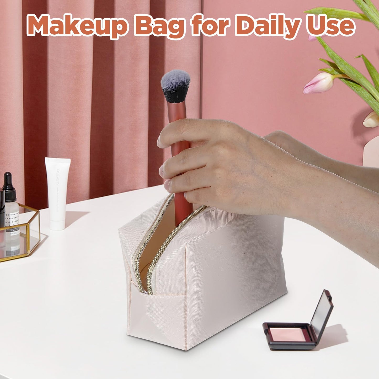 8 Pcs Makeup Bag Pu Leather Cosmetic Pouch Waterproof Small Toiletry Bag Portable Cosmetic Organizer Water Resistant Storage Purse for Lady Women Daily Storage Travel Organizer (Beige,Medium) ﻿