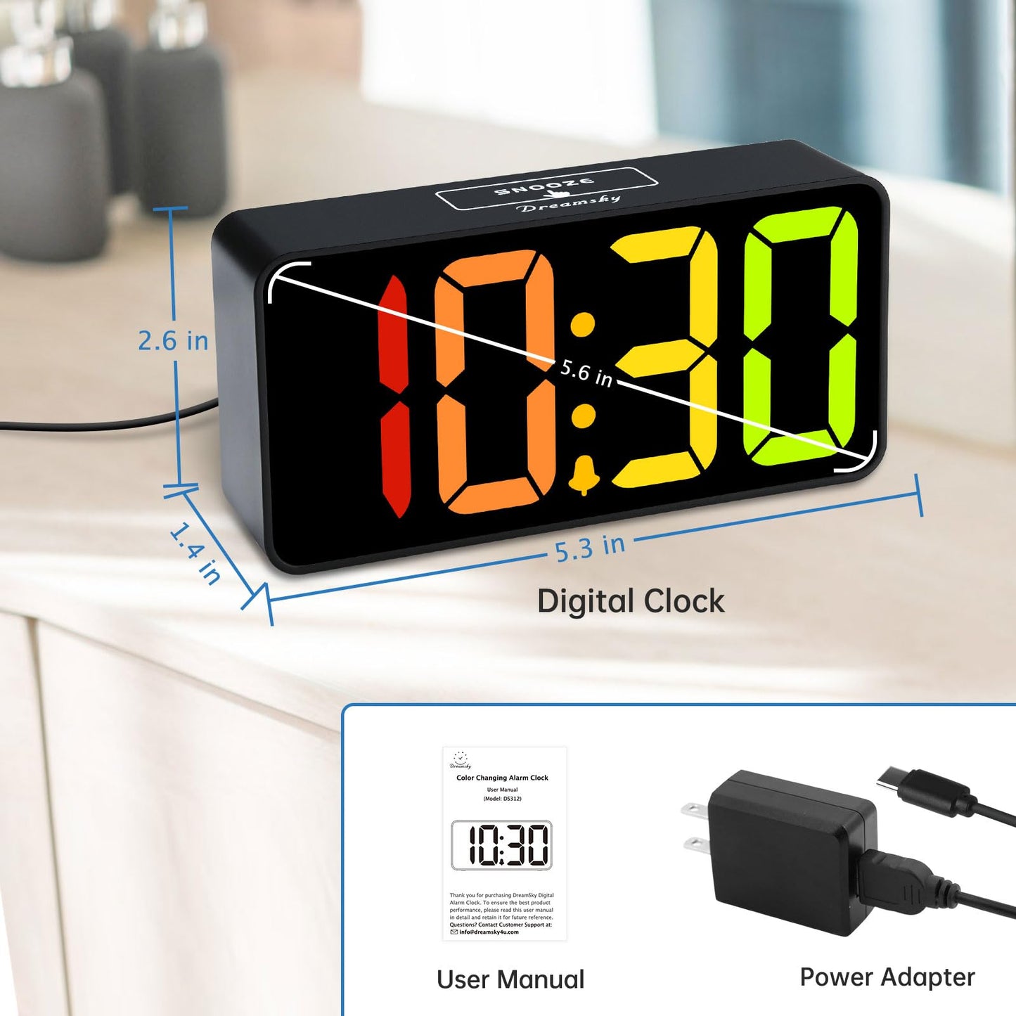 DreamSky Small Digital Alarm Clocks for Bedrooms - RGB Electric Alarm Clock for Kids Bedside Nightstand, Desk Clock with Large Numbers, Dimmer, Adjustable Alarm Volume, USB Port, USB-C Adapter Powered