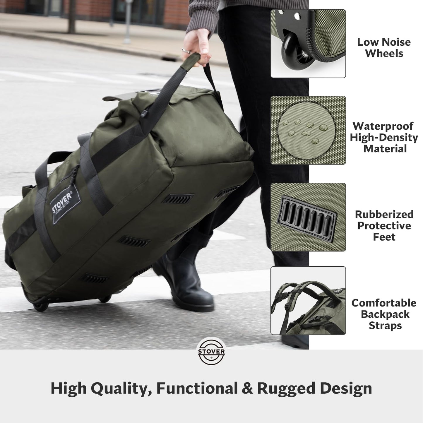 STOVER 45/80/100L Rolling Duffel Bag with Wheels, Large Durable Travel Duffle + Toiletry Bag, Heavy Duty, Packable, Foldable with Shoulder Straps- Use as Luggage or Backpack, Men/Women (Green)