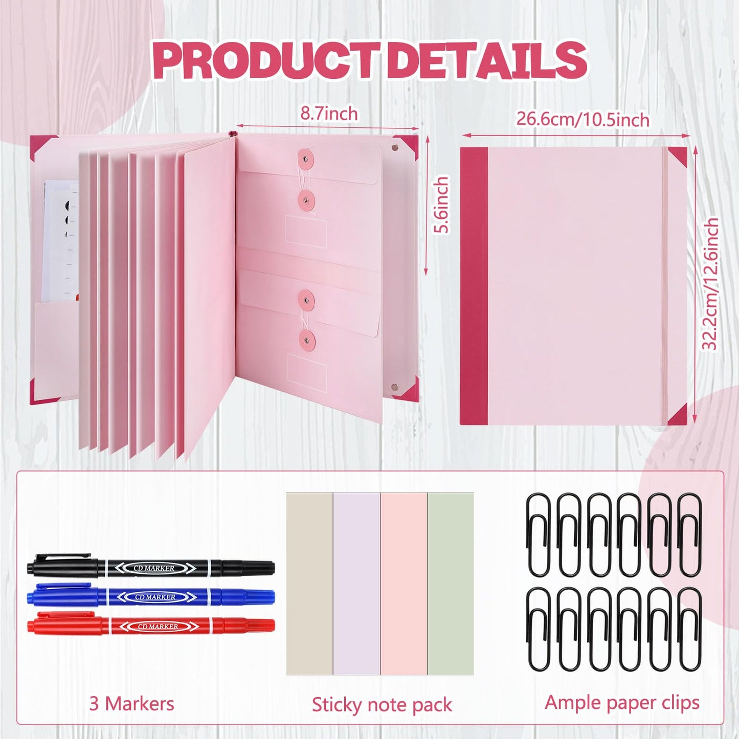 LemonSecret 2 Pack Important Document Organizer, Expanding File Binder with Sticky Notes, Paper Clips, Markers, Emergency Binder Folder for Important Papers, Certificates, Passport, Lifebook(Pink)