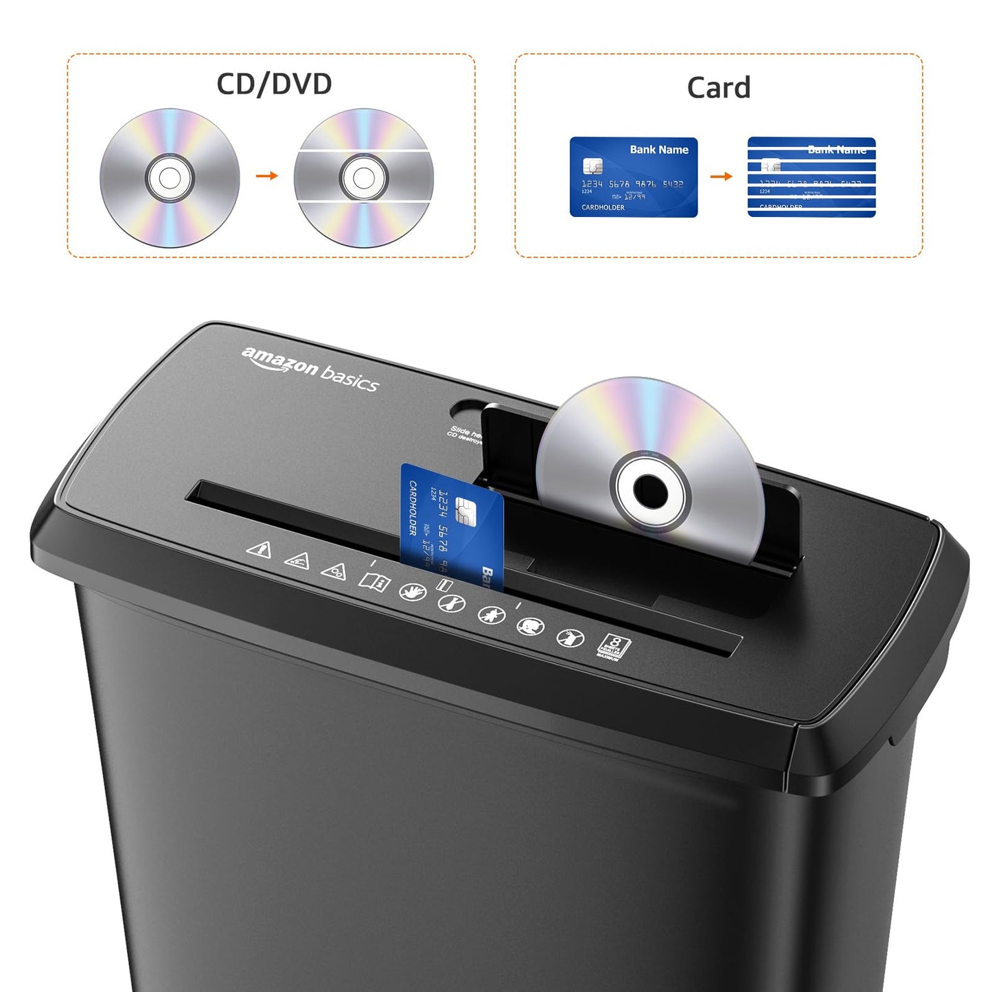 Amazon Basics 8-Sheet Strip Cut Paper Shredder for Home and Office, CD/Credit Card Shredder, 3.4 Gallon Bin, Black