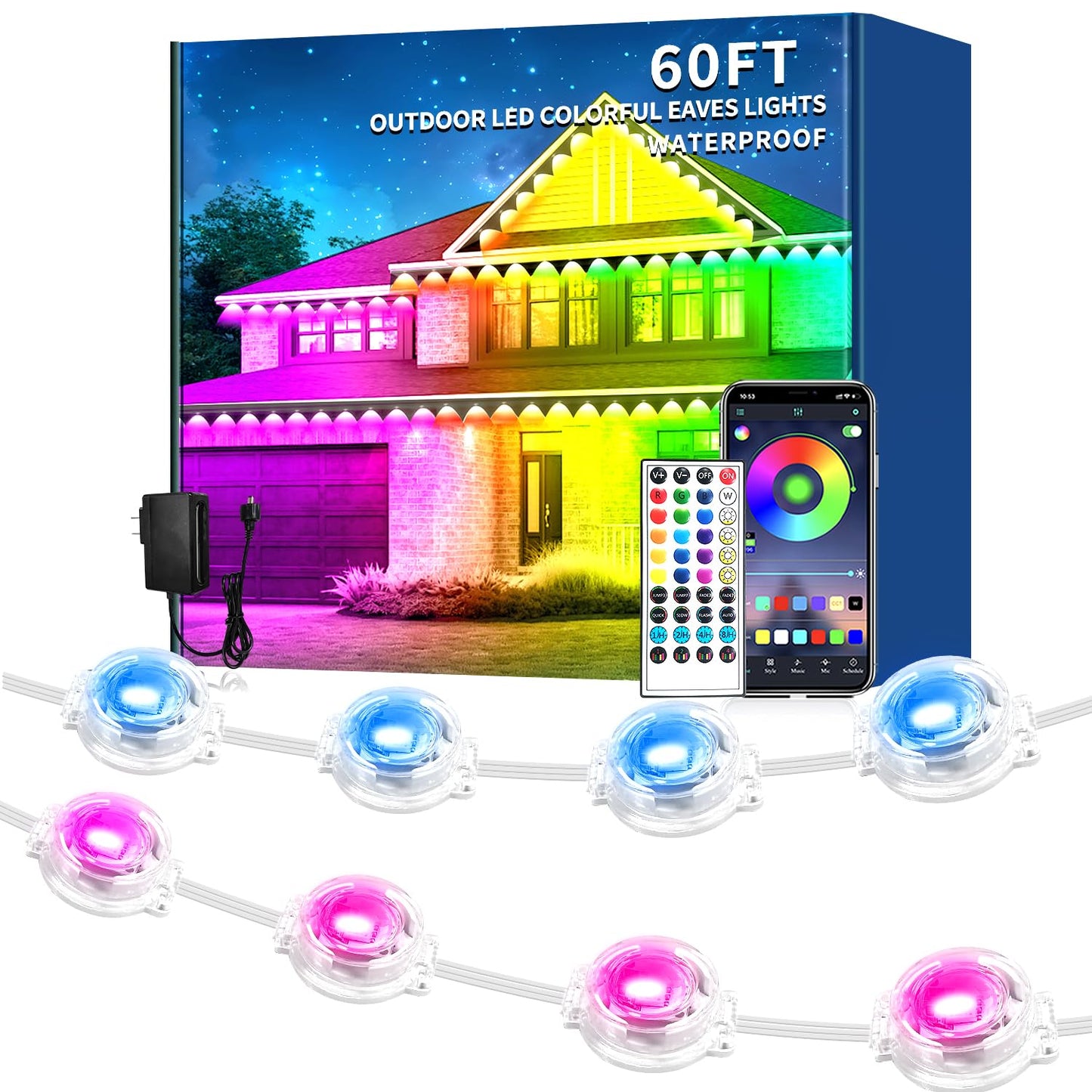 Rroetxi 60FT Permanent Outdoor Light, IP67 Waterproof LED Eaves Light, App/Remote Control Christmas Lights, Suitable for House，Patio Decor Garden Party Festival Decoration