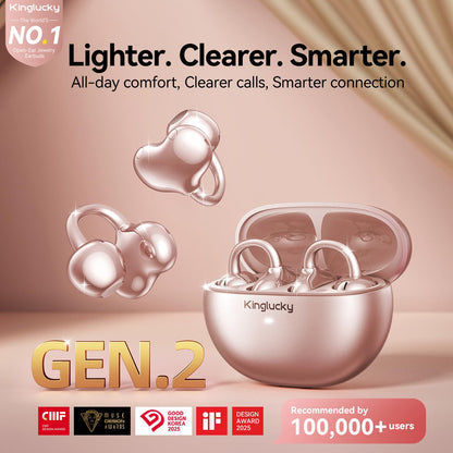 Kinglucky Upgraded Clip-On Earbuds Comfortable fit & Crystal-Clear Sound, 50H Playtime Open Ear Buds Bluetooth 6.0 Wireless Headphones for Women & Kids Ideal for Small Ears,Sports,Glasses Rose Gold