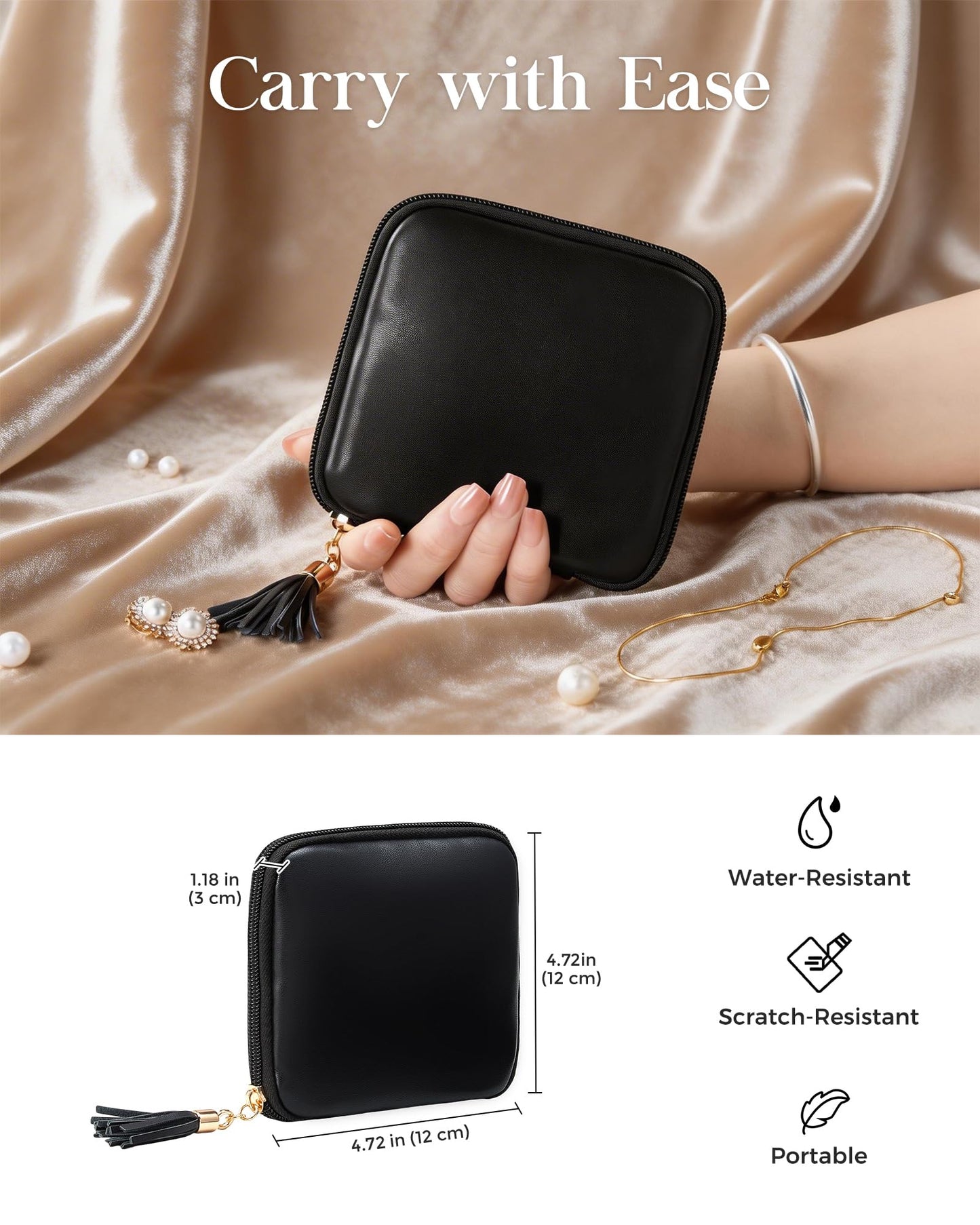 Lolalet Travel Jewelry Case Organizer, Small Jewellery Pouch with Compartments for Storage, Soft Velvet Bag for Traveling Women, Full-Zip Packing for Necklaces, Earrings, Bracelets -Black