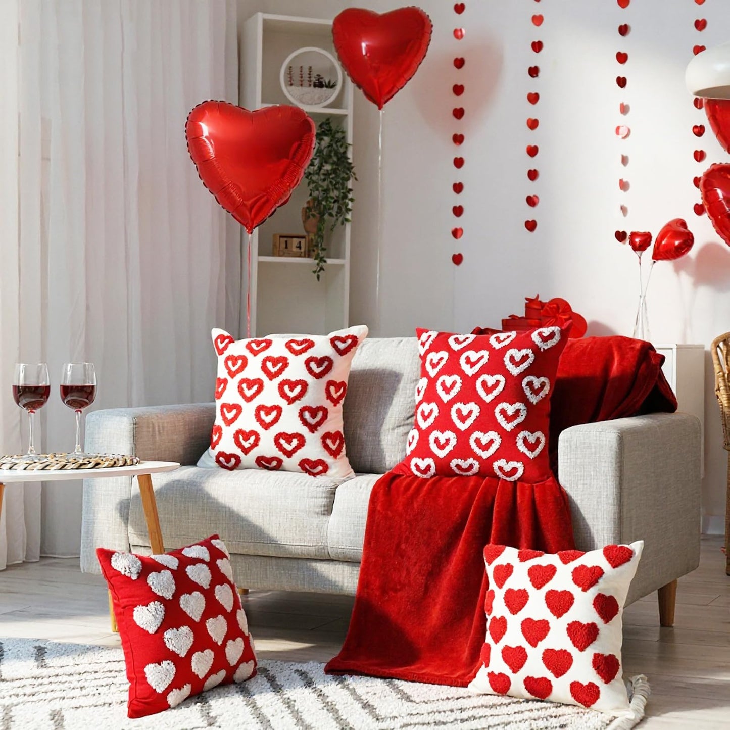 Fourluoo 4 Pcs Valentine's Day Throw Pillow Covers 18x18 Inch Soft Heart Decorative Pillowcase Plush White Red Soft Plush Pillow Covers Cushion Case Decorations for Sofa Living Room Valentine Gift