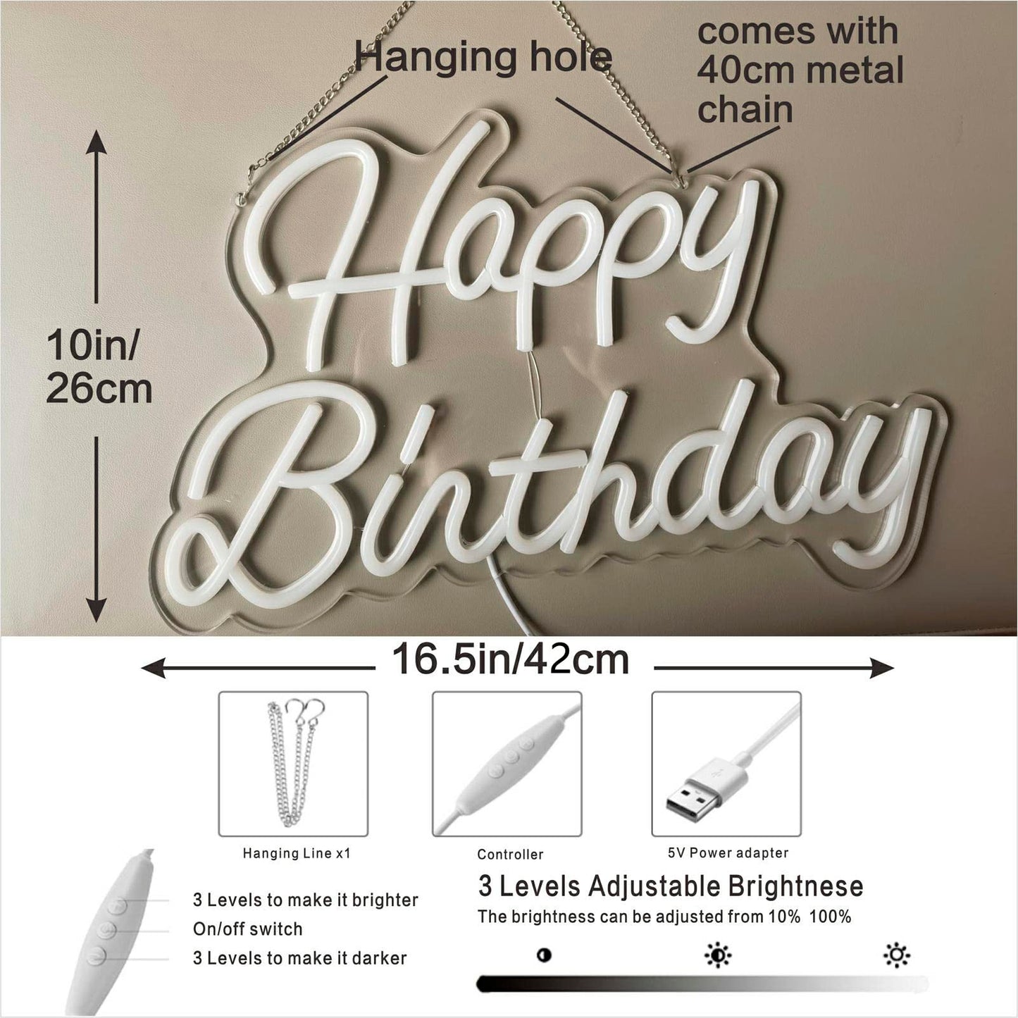 Neon Happy Birthday Sign Wall Decoration Lights Wedding Bar Cafe Christmas Home Party Decoration Kids Gift with Dimmable Switch Reusable Happy Birthday LED Neon USB 16.5x10 Inch