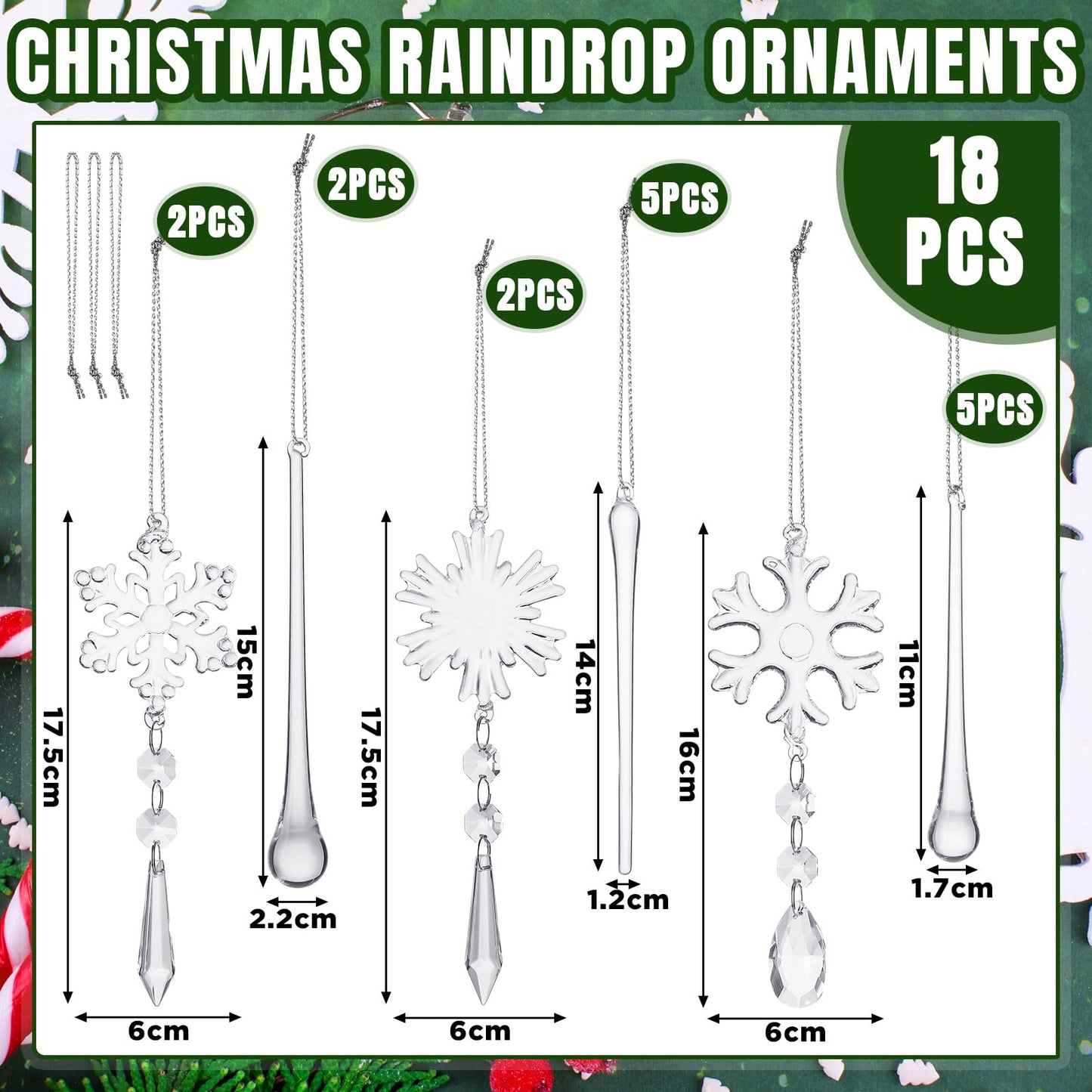 Gemscream 18 Pcs Winter Snowflake Glass Ornaments for Tree Clear Hanging Snowflake Icicles with Drop Pendants Glass Teardrop Decorations Crystals Decor for Holiday Chandelier Party Supplies
