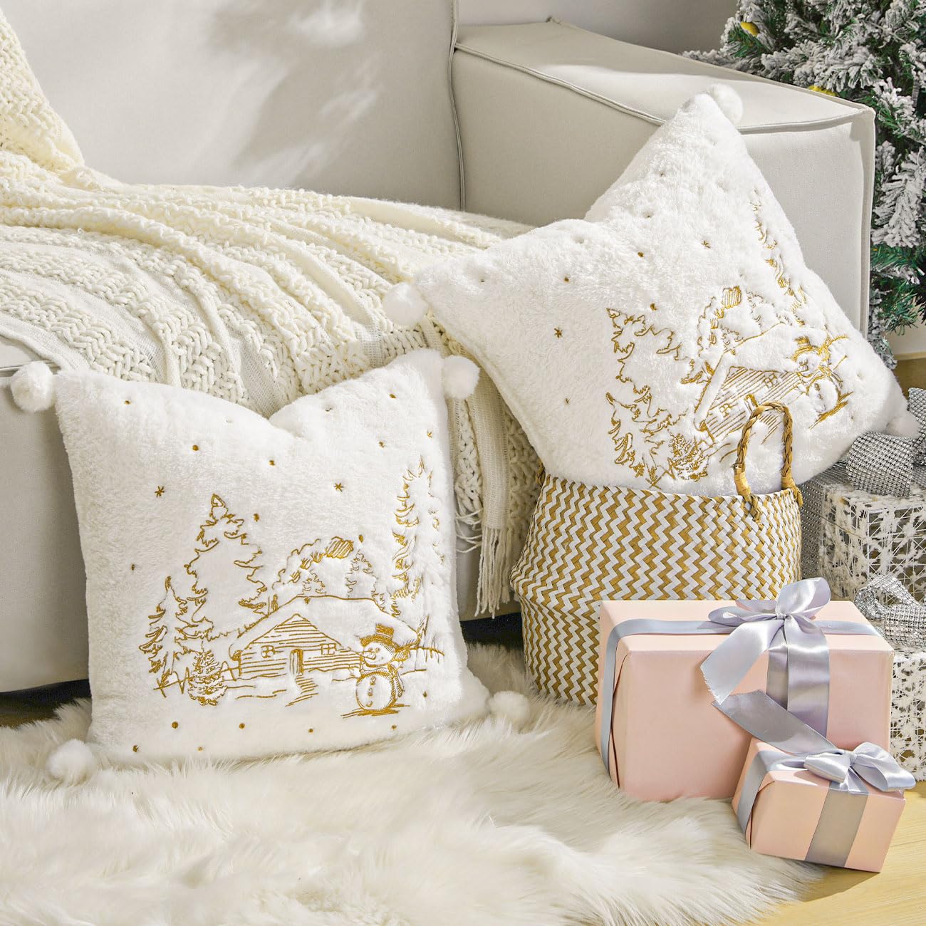 Lewondr Throw Pillow Cover, 18x18 Inch Set of 2 Soft Faux Fur Decorative Pillow Cover with Plush Ball Cute Embroidered Tree House Snowman Throw Pillow Case for Bed Home Decor Living Room, White
