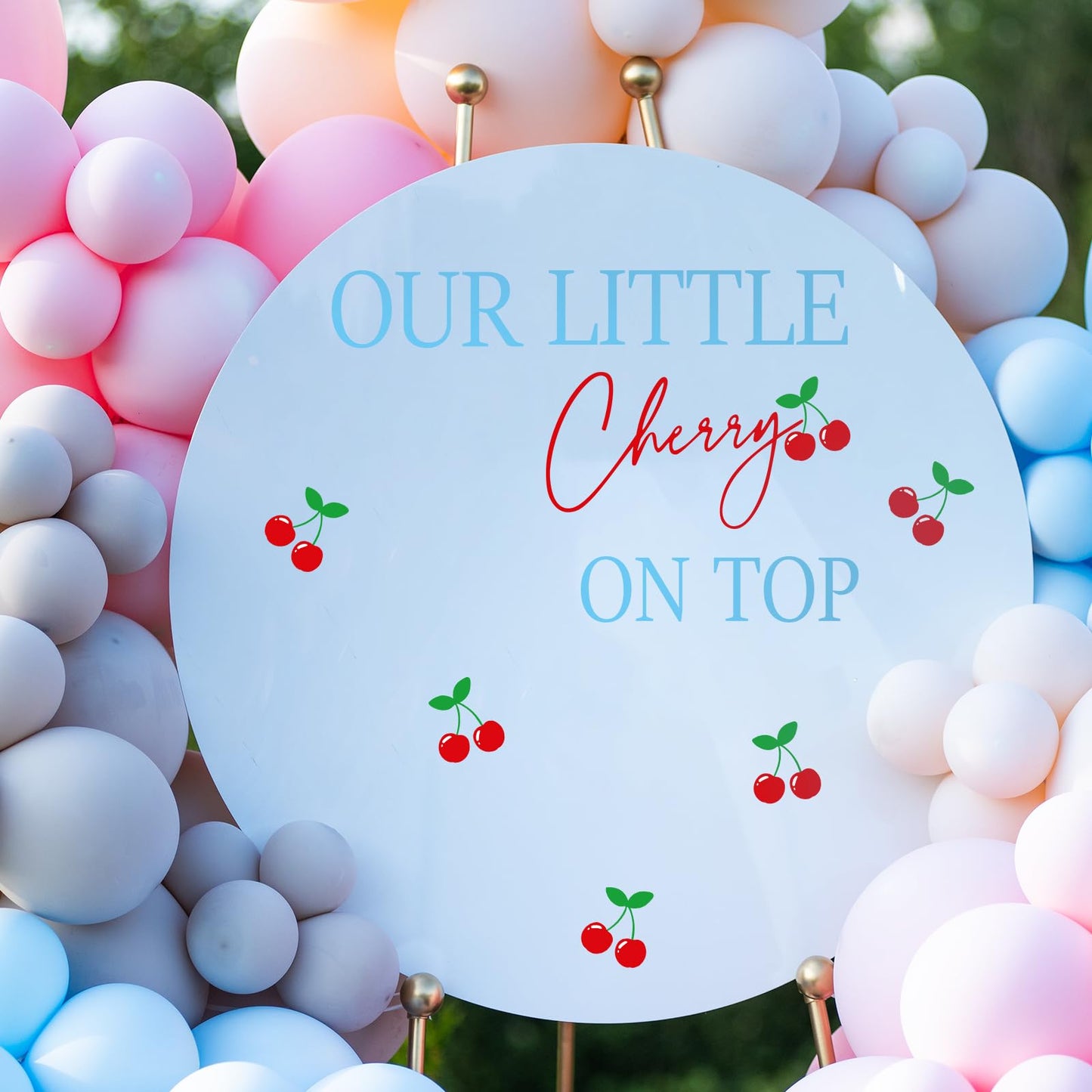 FYSUIMU Our Little Cherry On Top Decal Cherries Backdrop Decorations Party Stickers Red Blue Welcome Sign Decal for Balloon Arch Wedding Baby Shower Birthday