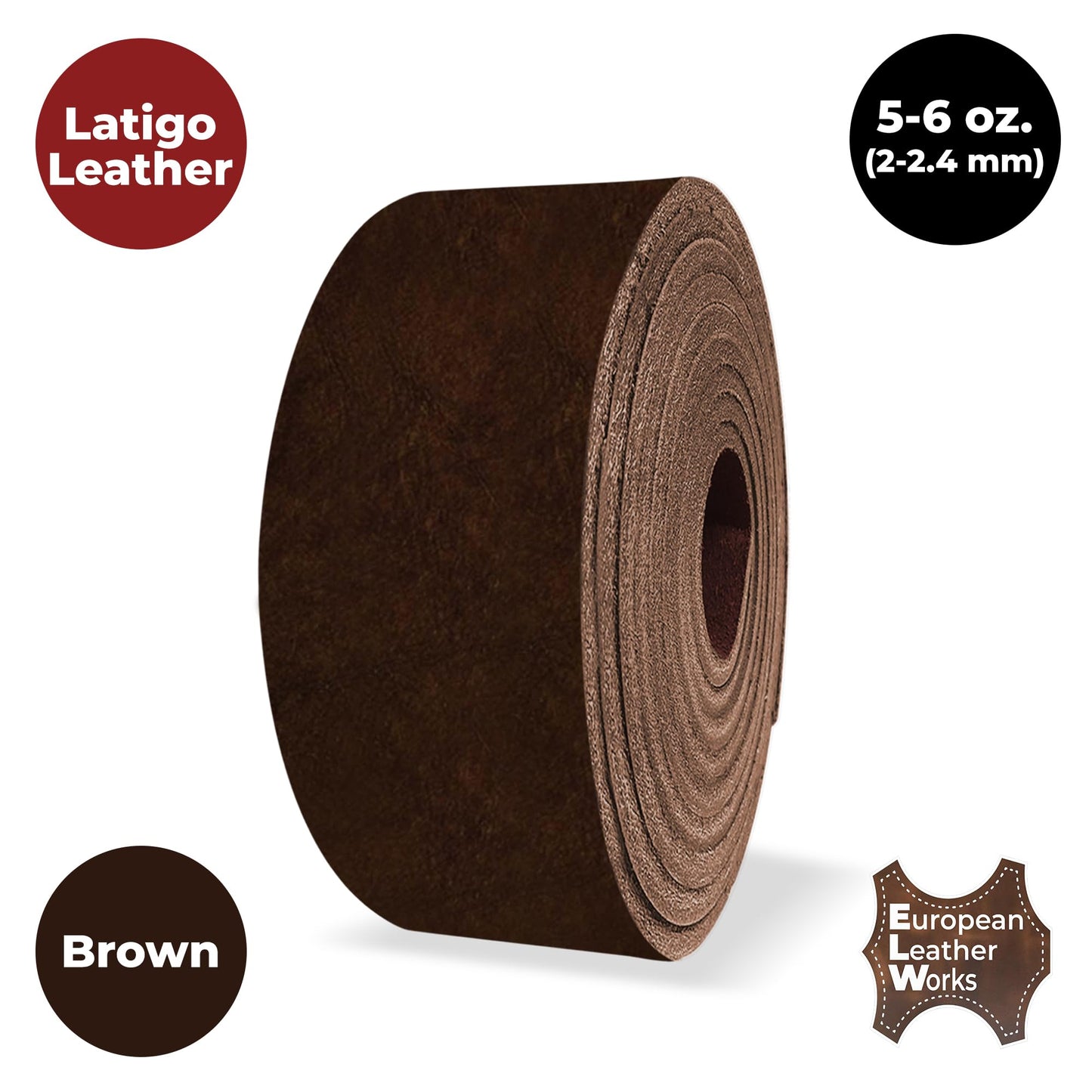 ELW 5-6 oz (2-2.4mm) Latigo Leather Belt Grade Straps | Size: 1.5"x50" (3.8x127cm) | Brown | Full Grain Cowhide, Heavy Duty Holsters, Sheathes, Harness, Saddle, Guitar Straps, Crafts