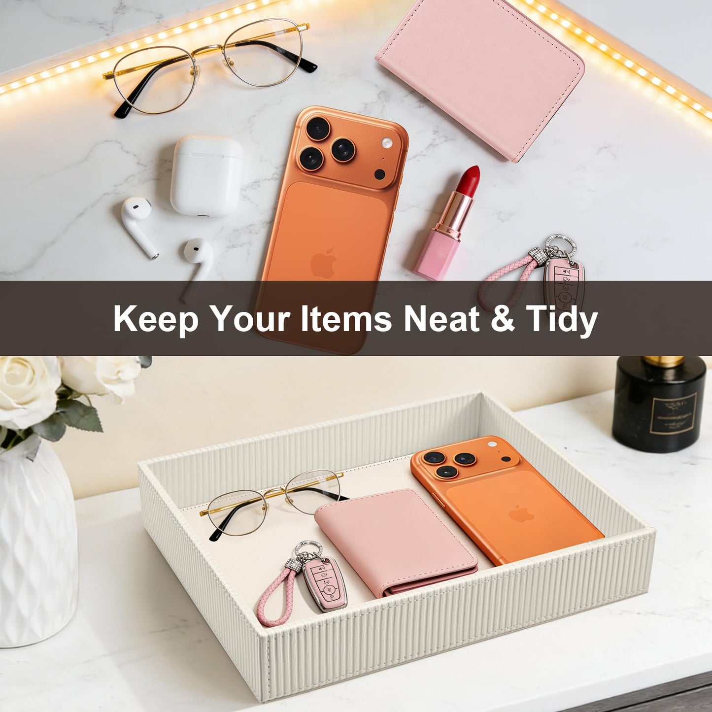 SITHON Valet Tray Desk Organizer, PU Leather Catchall Bedside Vanity Tray Nightstand Caddy Coin Box Key Jewelry Storage Organizer, Graduation, Stripe Pearl White