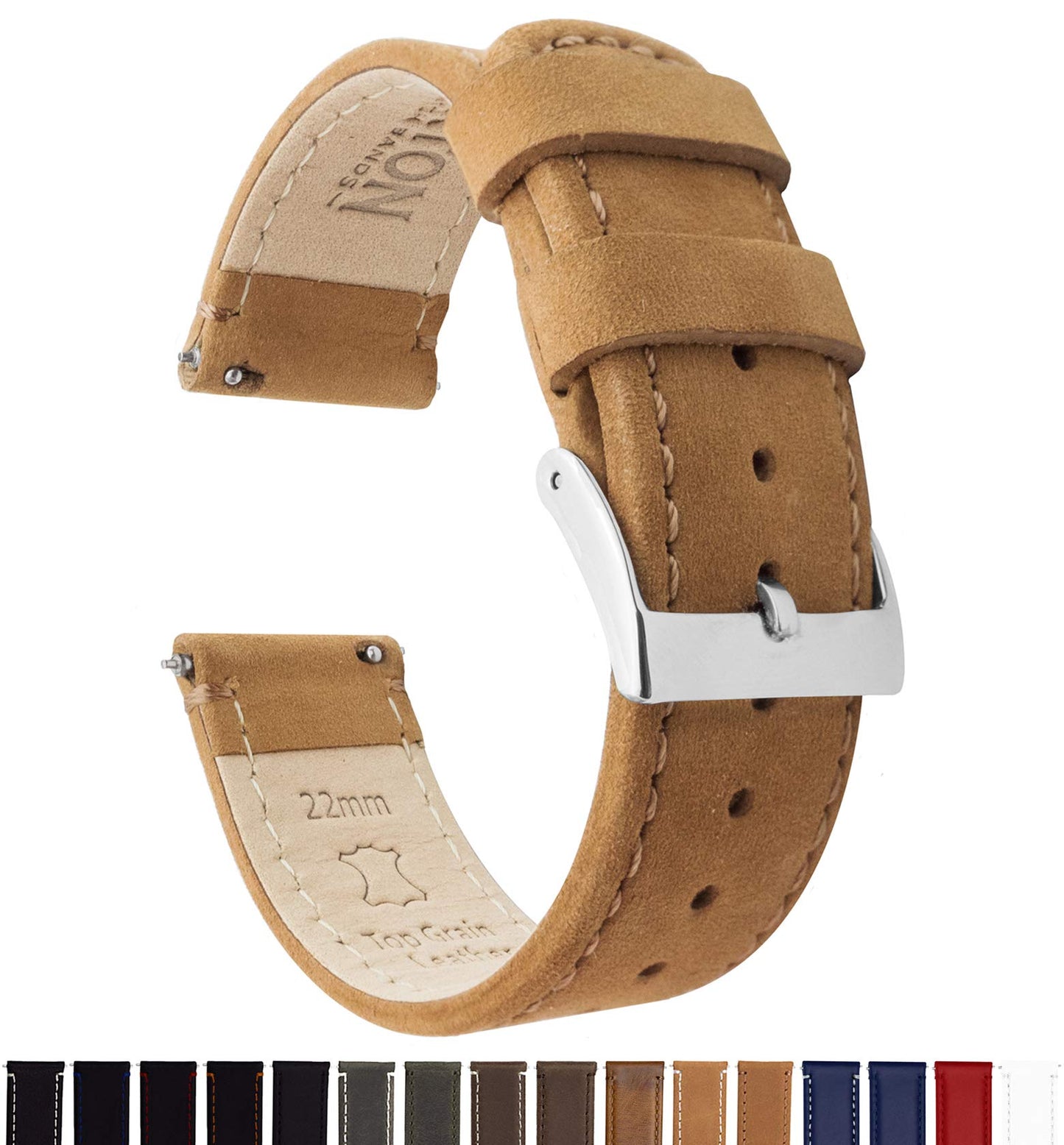 BARTON WATCH BANDS Quick Release Top Grain Leather Watch Band Strap, Gingerbread Leather/Gingerbread Stitching, 22mm