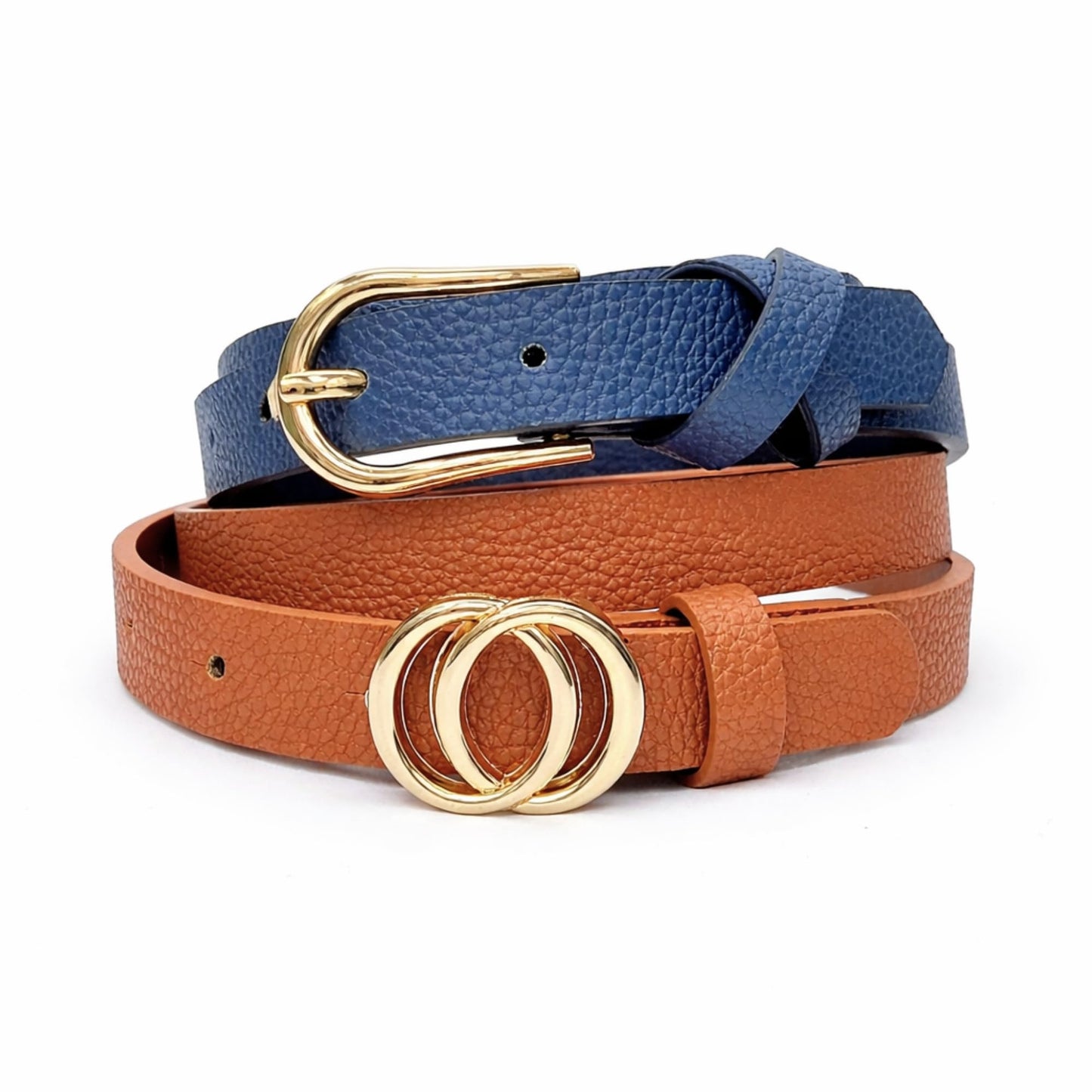 TRUE LOVE ACCESSORIES Women’s 2-Pack Skinny Belts – Slim Faux Leather Waist Belts with Gold Buckle – Dressy & Casual Jean Belts for Women (Navy/Cognac, 1X/2X)