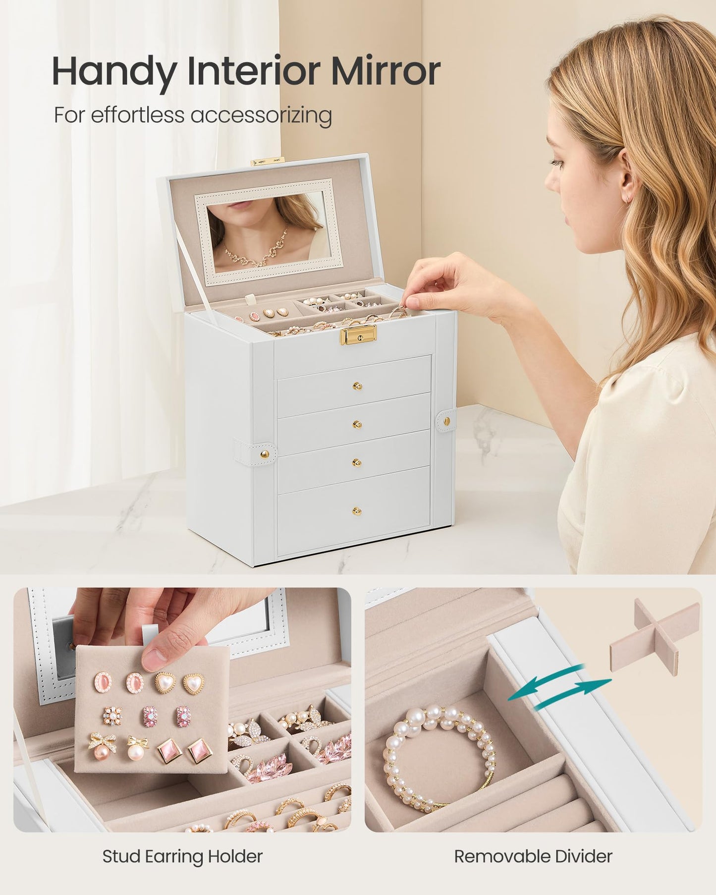 SONGMICS 5-Layer Jewelry Box Organizer with 4 Drawers, Jewelry Storage Case with Lock and Mirror, Large Storage Capacity, Gift for Loved Ones, for Necklaces, Watches, Cream White UJBC153WD01S