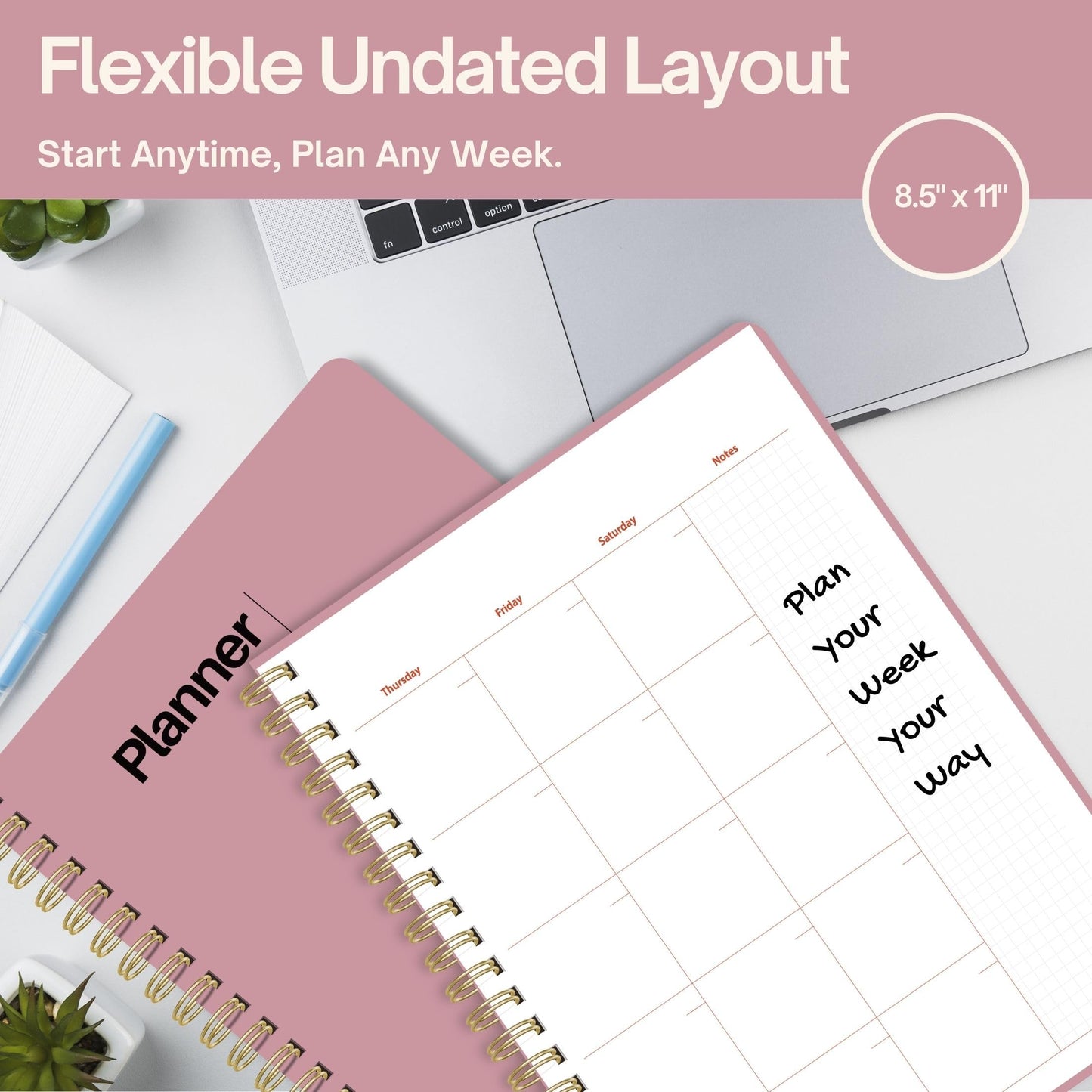 Undated Weekly Planner, 8.5x11” – Dashboard Layout with Yearly Review, Monthly Calendars, & Weekly To Do List, Spiral Bound Organizer for Work, Study & Life (Pink)