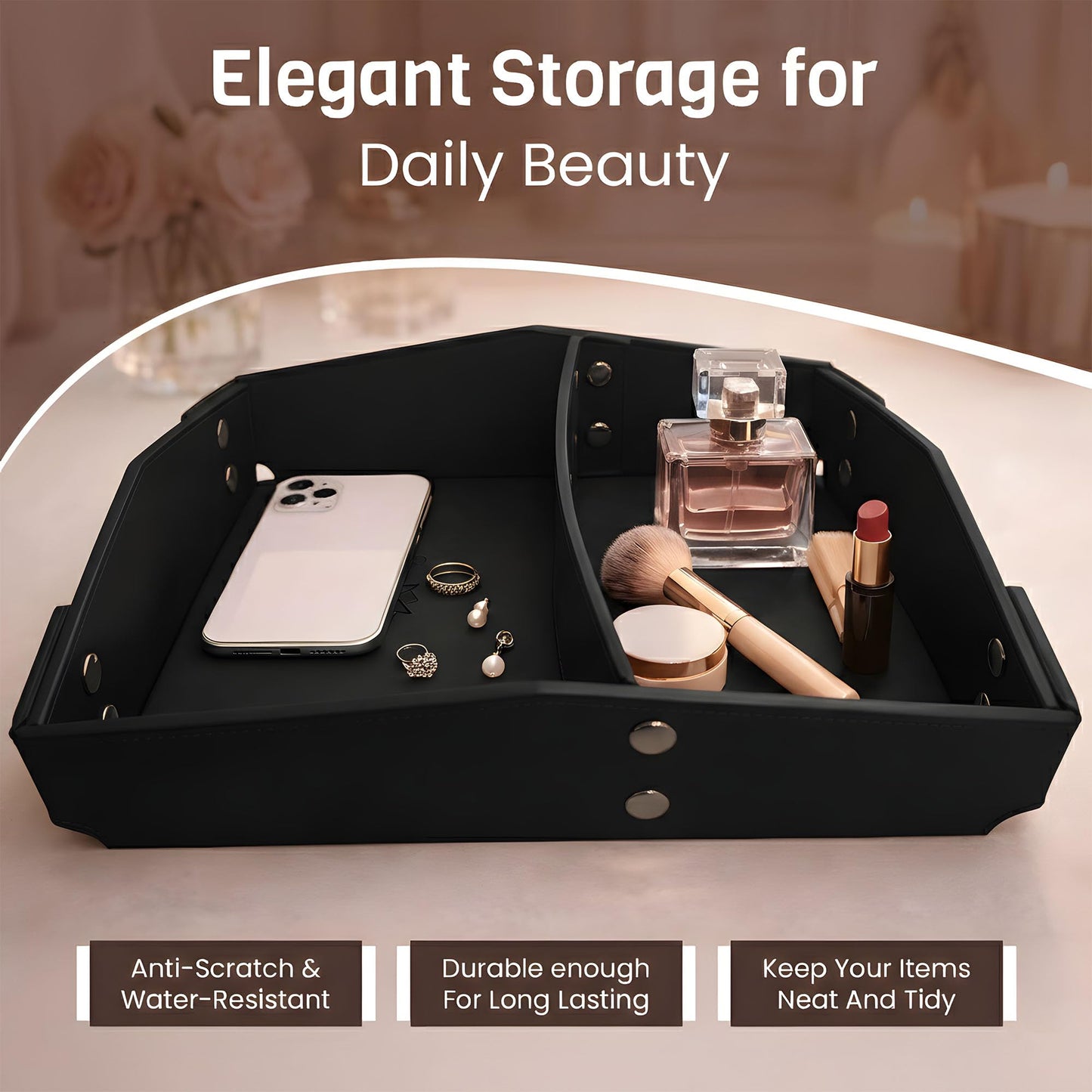 CAVIANA Valet Tray Organizer for Men & Women - PU Leather Catch All Tray with Removable Divider - EDC Storage for Keys, Watch, Phone - Nightstand, Dresser & Desk Organizer - Obsidian Black