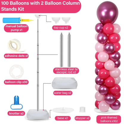 2 Sets Pink Balloon Column Stand Kit with 100 Balloons - Christmas & New Year Birthday Wedding Party Decor