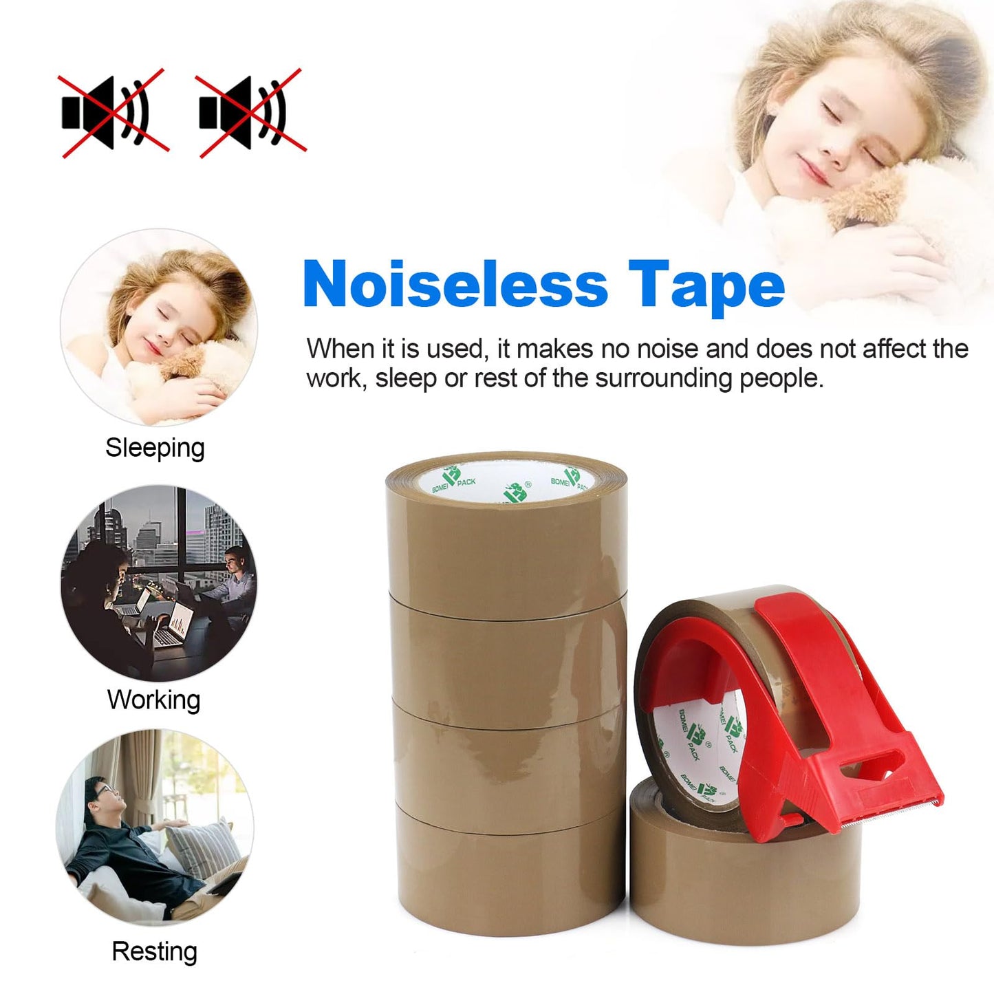 BOMEI PACK 6 Rolls Silent Brown Packing Tape, 1.88" x 60 yds,Heavy Duty Packaging Carton Tape for Shipping Packaing Moving Sealing, 2.4mil Thickness, 60 Yards Per Roll