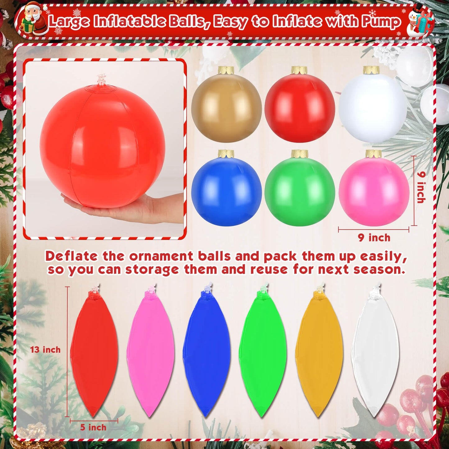 Flasoo 12 Pack Inflatable Christmas Ornaments for New Year Festive, Large Blow up Christmas Balls for Front Door Yard Tree Hanging Decoration (9 Inch)