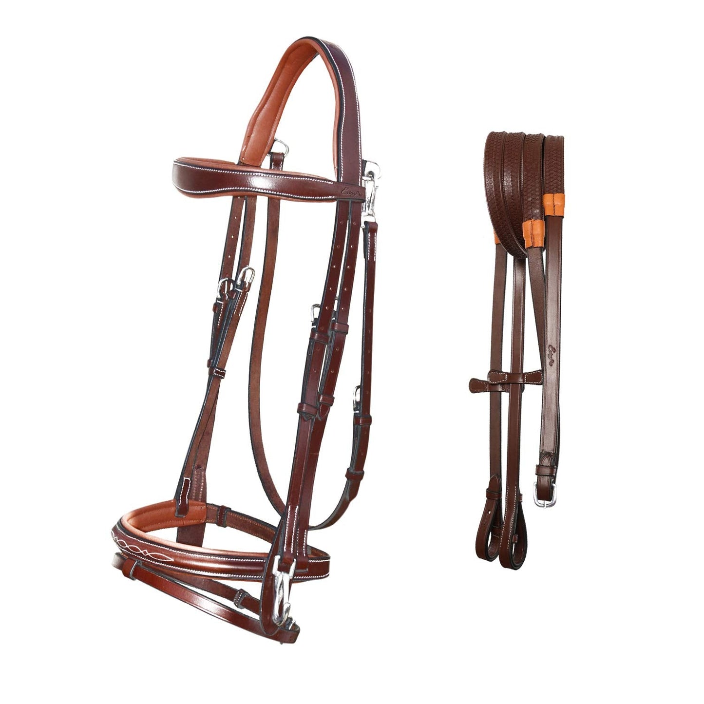 Exion Quick Change Snap English Bridle with Brass Hardware – Soft Lined Anatomical Horse Bridle with Rubber Reins – Snap-On Crown & Cheekpiece – Gold Tone Buckles – Padded Jumping Tack Set