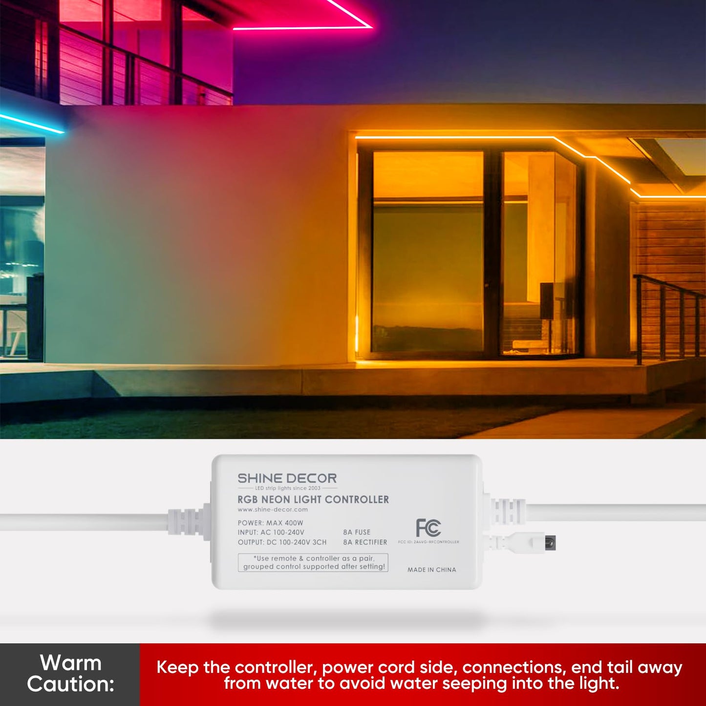 Shine Decor Controller with Remote, Power Supply for 10mm W x 20mm H LED RGB Neon Rope Lights Only