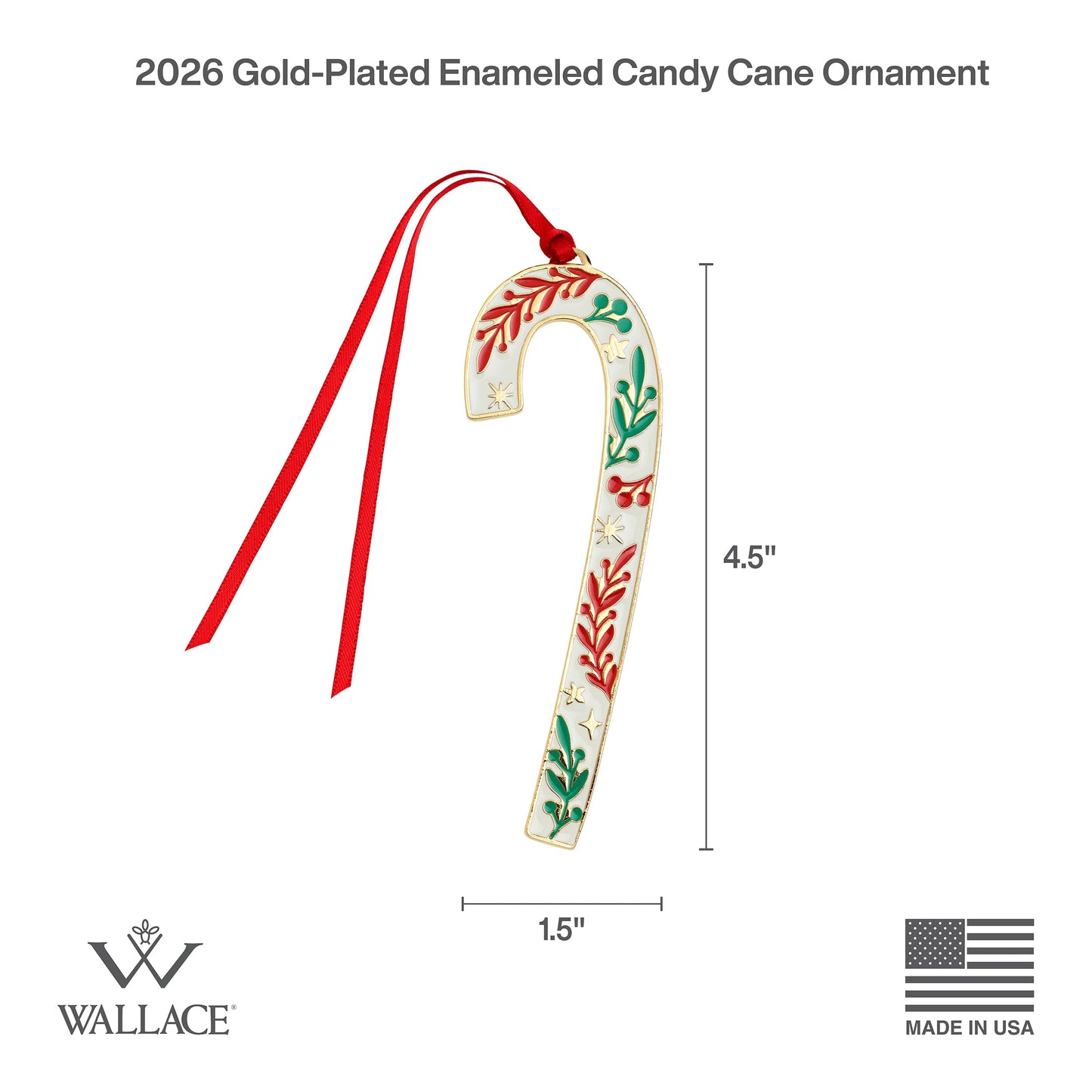 Wallace 2026 Gold-Plated Enamel Candy Cane Ornament 46th Edition - 24k Gold Finish, Holiday Collectible Keepsake with Gift Box, 4.5 Inches