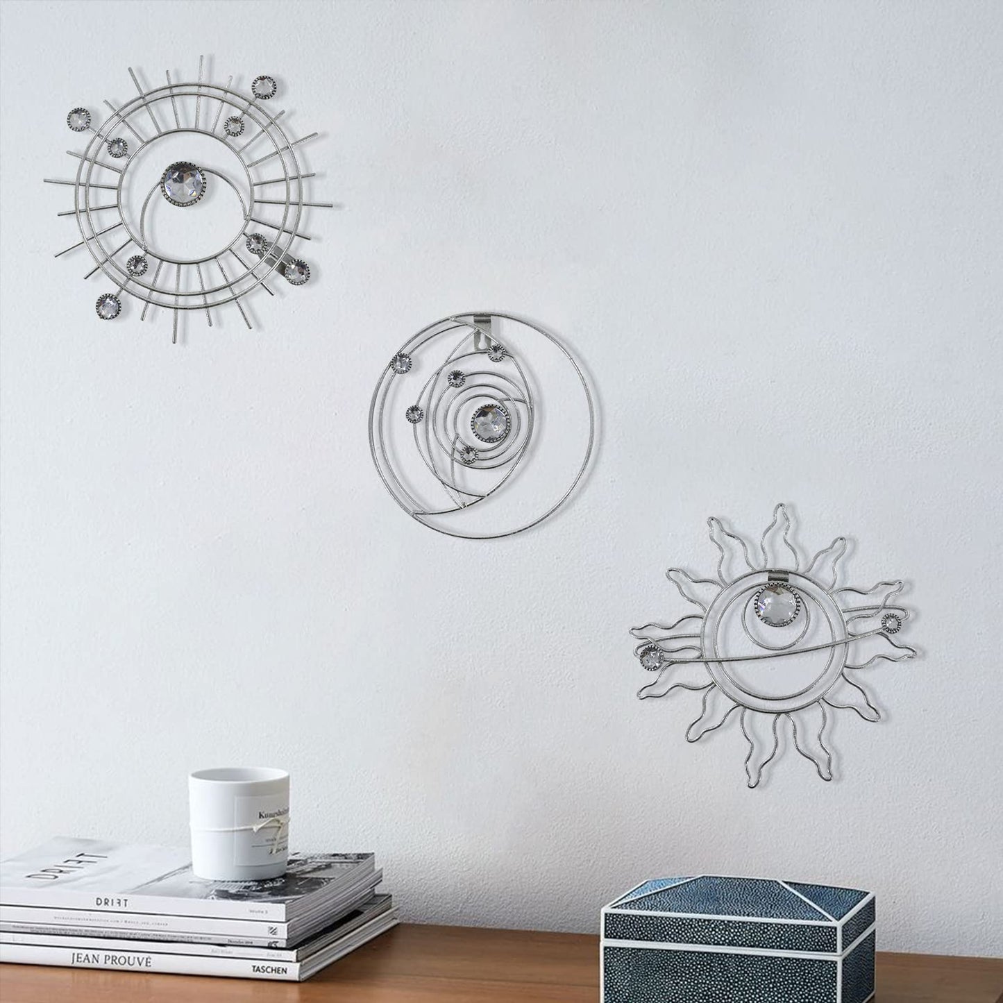 Silver Metal Wall Art, Abstract Sun Moon Star Decor, Handmade Wall Decor