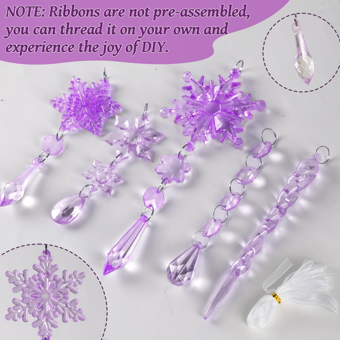 18pcs Crystal Christmas Ornaments for Christmas Tree Decorations-Dark Purple and Light Purple Hanging Acrylic Snowflake and Icicle Ornaments with Drop Pendants for New Year Party Decorations Supplies