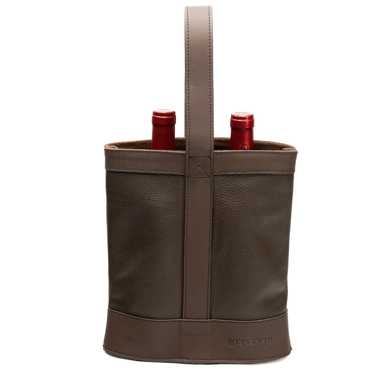 WESLEATH Double Wine Carrier Bag – Leather Wine Tote for Two Bottles with Handles & Metal Buckle – Protective Carrier for Picnic, Wine Champagne Gift Bag (Moka)