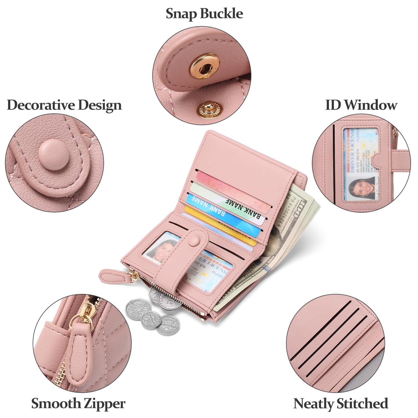 GAEKEAO Small Wallet for Women Slim Bifold Leather RFID Blocking Credit Card Holder Wallets Zipper Pocket Coin Purse with ID Window