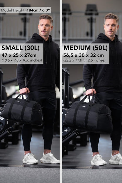 Fitgriff® Gym Bag V2 for Men and Women with Shoe & Wet Compartment - Duffle Bag for Travel, Sports, Fitness and Workout (Full Black, 19 x 10 x 11″ (Small))