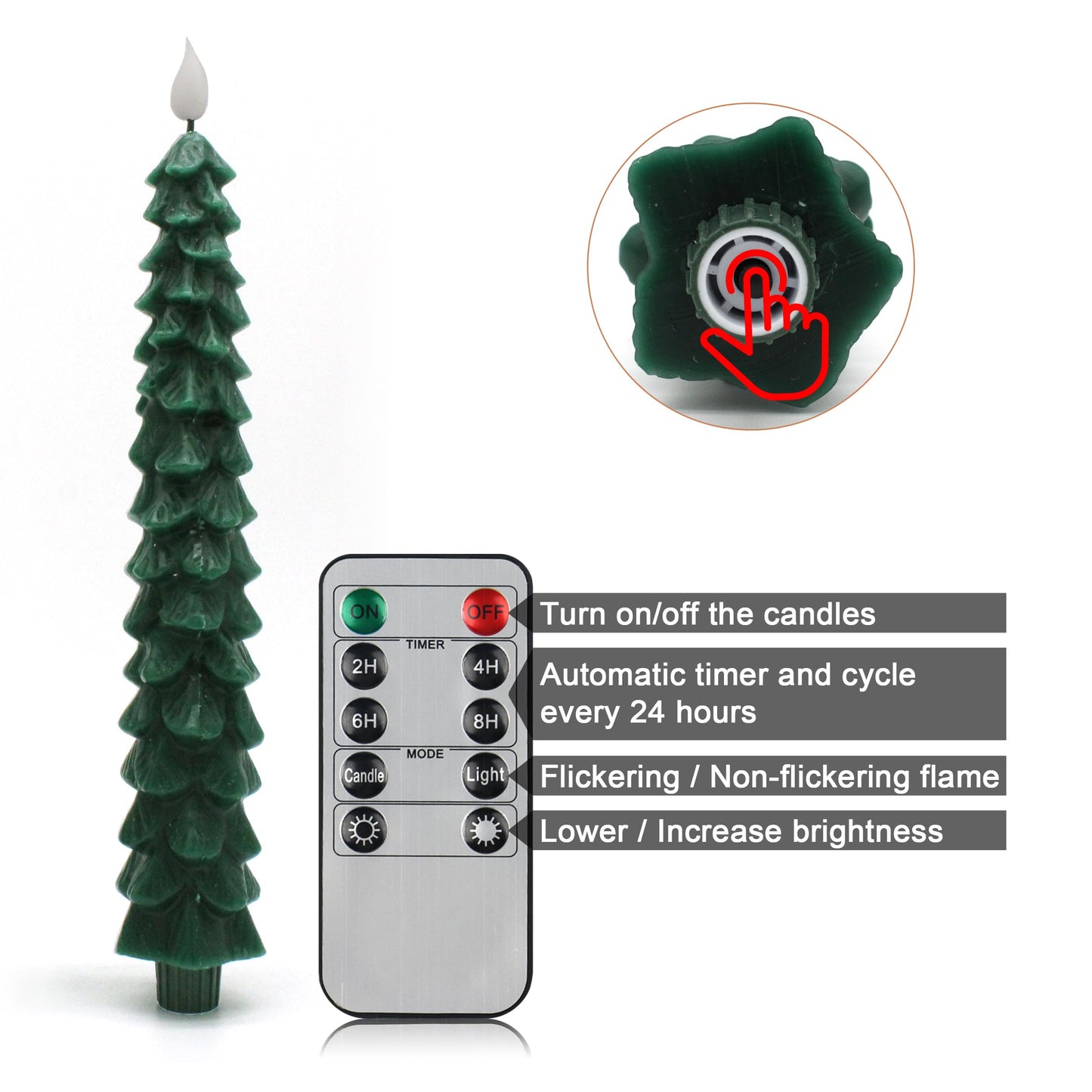 CVHOMEDECO. Christmas Tree Candles Battery Operated Taper Candle with Remote and Timer, Christmas LED Flameless Flickering Candles for Christmas Decor. 11.5 Inch, Pack of 2
