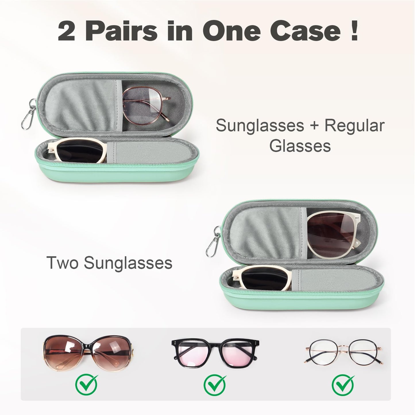 Huvon Double Eyeglasses Case, Dual Glasses Sunglasses Organizer with Zipper Closure, Eyewear Storage Box for Men Women Travel (Green)