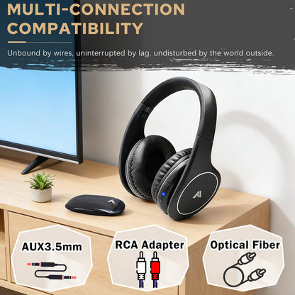 Ansee Wireless TV Headphones for Seniors & Hearing Impaired, Folding Over Ear Headphones with 2.4GHz RF Transmitter Support Optical RCA AUX, No Audio Delay, 100ft Wireless Range (Black)