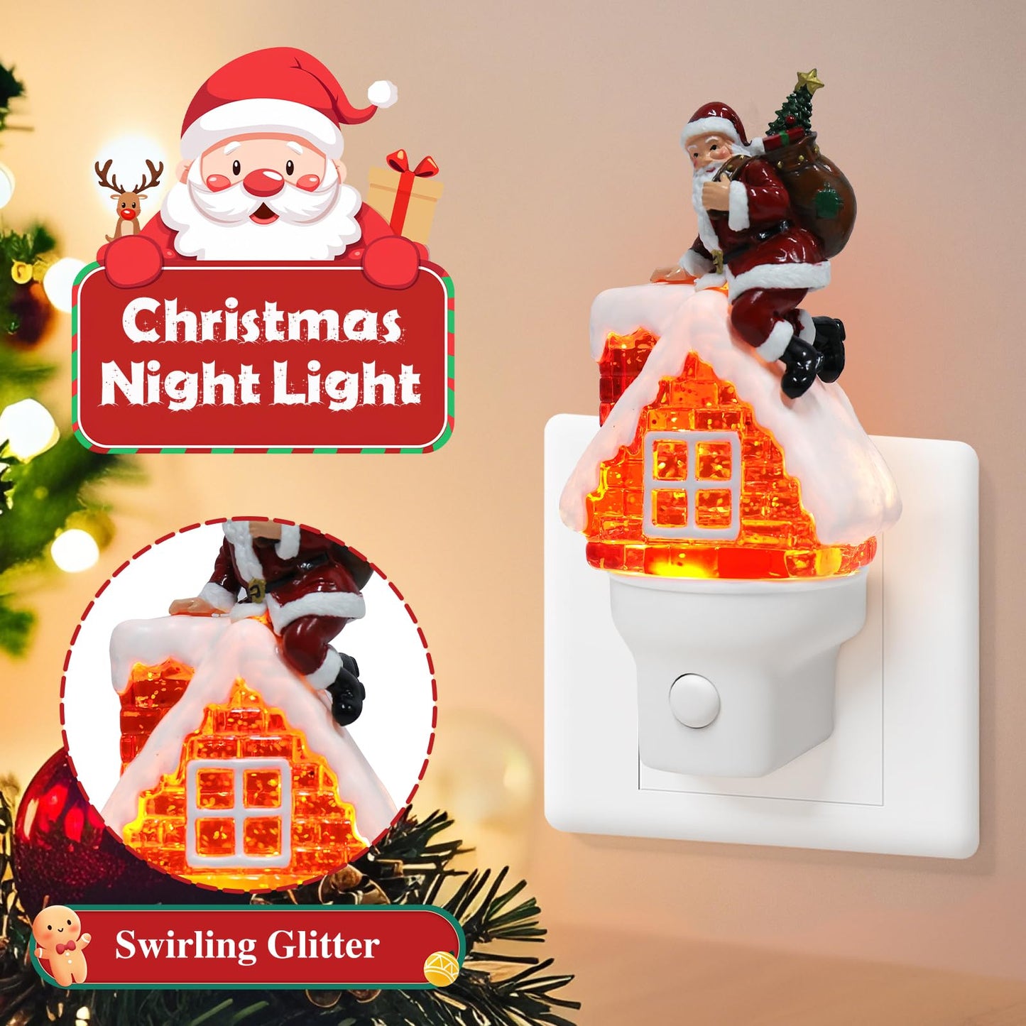 Christmas Santa Night Light Plug into Wall Glitter Water Nightlight with USB/Outlet Options, Christmas Decorative Nightlight for Bedroom Kitchen Nursery Hallway Holiday Decorations Gifts (Santa)