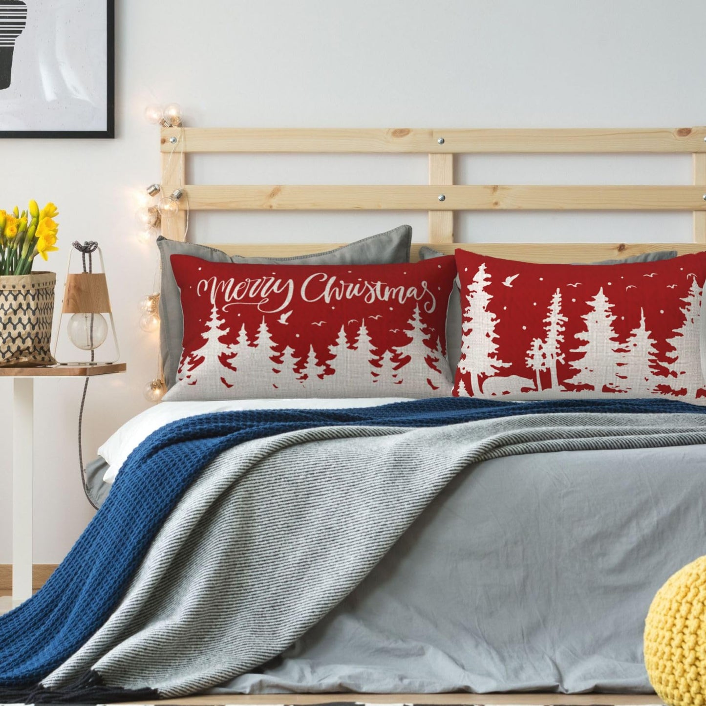NIDITW Set of 2 Merry Christmas Snowflake Pine Tree Forest Bear Winter Snow Scenery Lumbar Cotton Linen Throw Pillow Cover Cushion Case Sofa Couch Decorative Waist 12x20 Inches (1-Forest Set)