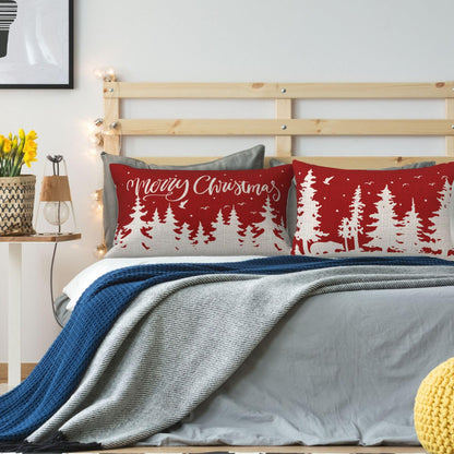NIDITW Set of 2 Merry Christmas Snowflake Pine Tree Forest Bear Winter Snow Scenery Lumbar Cotton Linen Throw Pillow Cover Cushion Case Sofa Couch Decorative Waist 12x20 Inches (1-Forest Set)